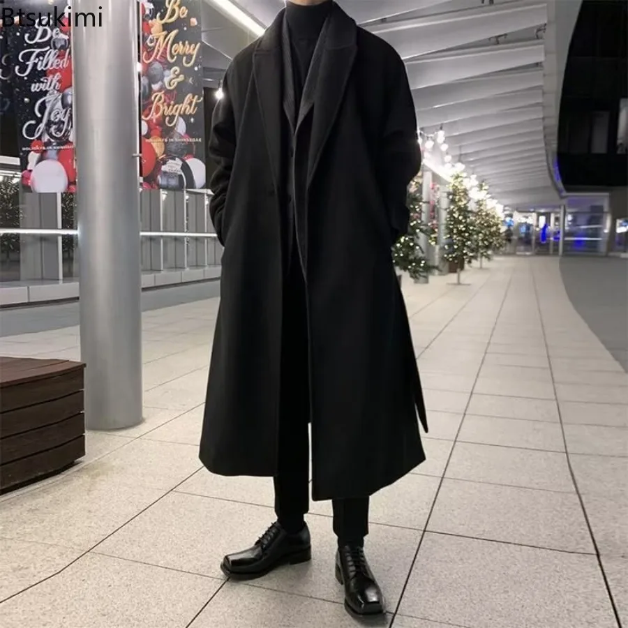 

New Fashion Long Woolen Coats Men's Lapel Two-button Solid Color Windbreaker Jackets Autumn Winter Warm Trench Coats with Belt