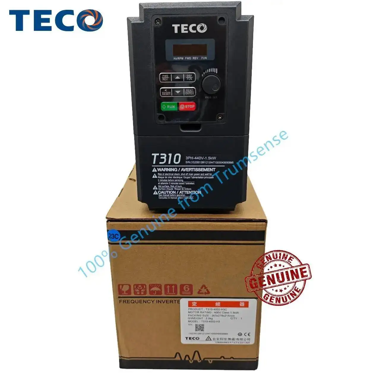 100% Genuine TECO 3 Phase Inverter 1.5 Kw 2HP T310-4002-H3C 380 to 440V 4.6A Input 0 to 440V 4.2A Output Frequency Converter
