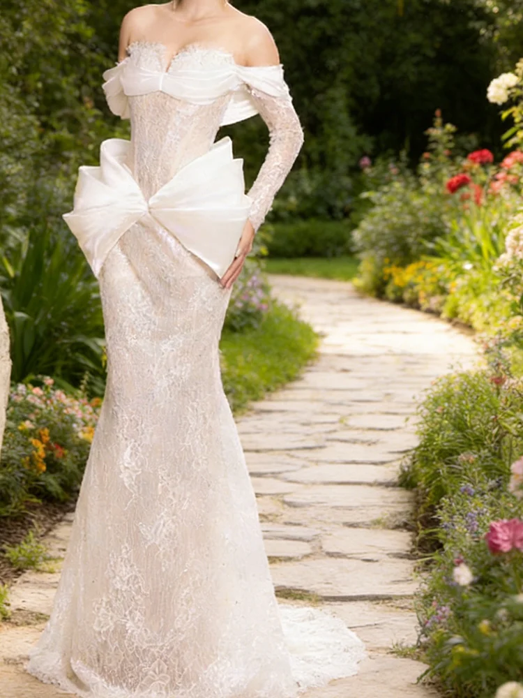 Graceful Sweetheart Lace Full Sleeve Ruched Slim Bride Wedding Dresses Bridal Gowns Customized