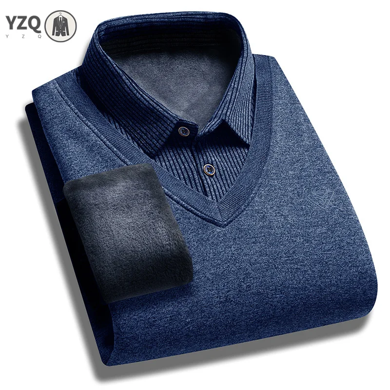 Daily Casual Male Fake Two Piece Knitted Top Waistcoat Style Fleece Lined Striped Shirt Collar Slim Fit Long Sleeve Garment
