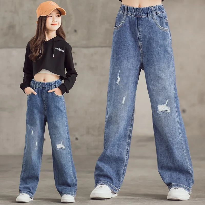 New Spring Autumn Fashion Girls Jeans Fashionable Hole Breaking Style Denim Pants For Kids Children Birthday Present