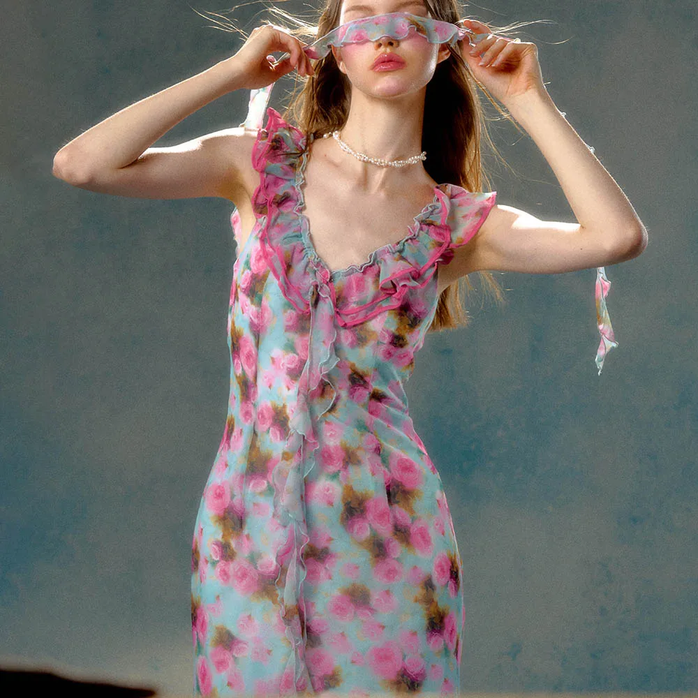 Mint Rose Island Double Lace Two Wear V-Neck Floral Dress Vacation bodycon  long dresses for women