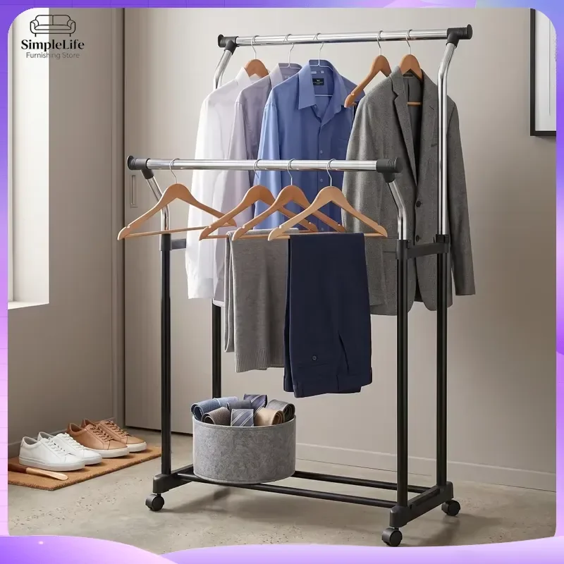 Modern Steel Double Bar Clothes Rack with Storage Shelf and Wheels Mobile Garment Organizer Stand for Bedroom Living Room