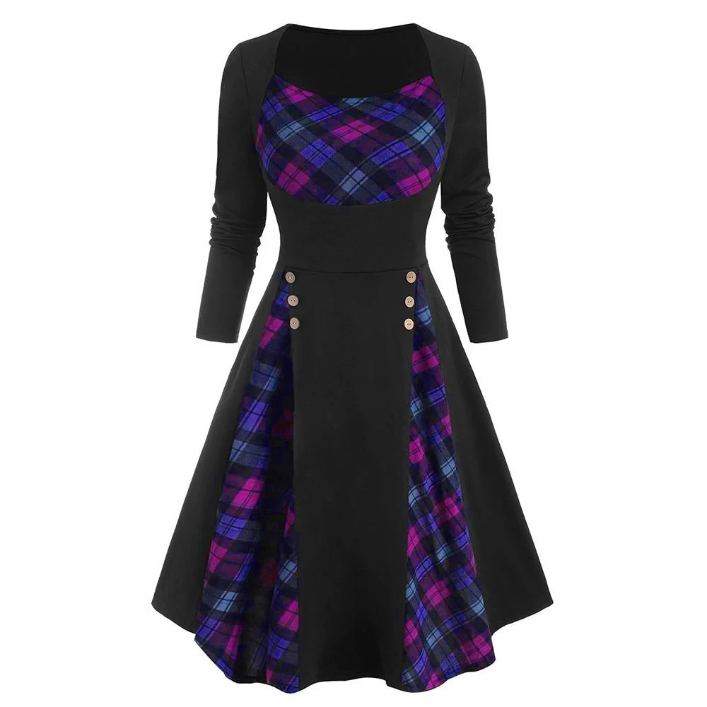 女性のチェックチェック柄ヴィンテージゴシックスクエアネック Tシャツドレス冬のレディース長袖レトロパーティーボタン膝丈ドレス