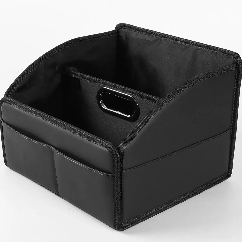 

car storage organizer [2025 updated] leather car caddy basket for front seat floor back seats metal handle 6 compartments adjust