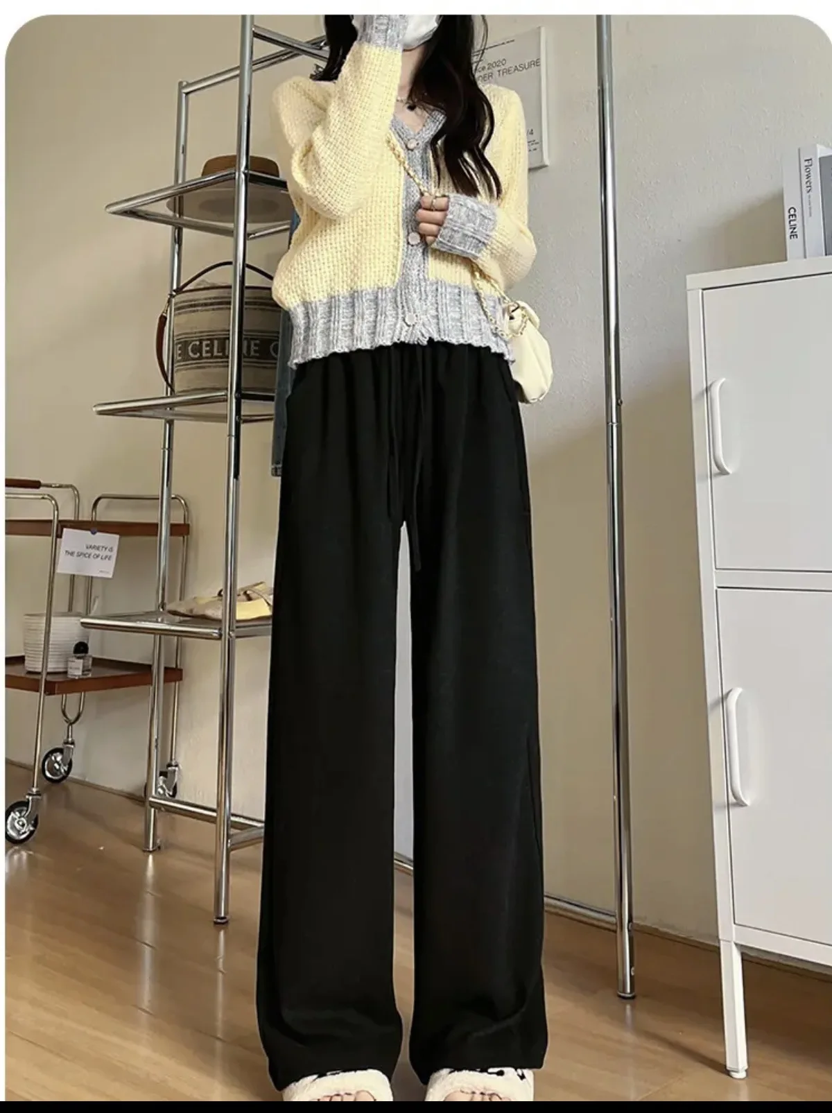 ワイドレッグパンツ 高品質 レディース 冬用 ダブルデッキ ウール フルレングス ホームウェア フロッキング 機能性 暖かさ リブ編み ソフトシェル OL