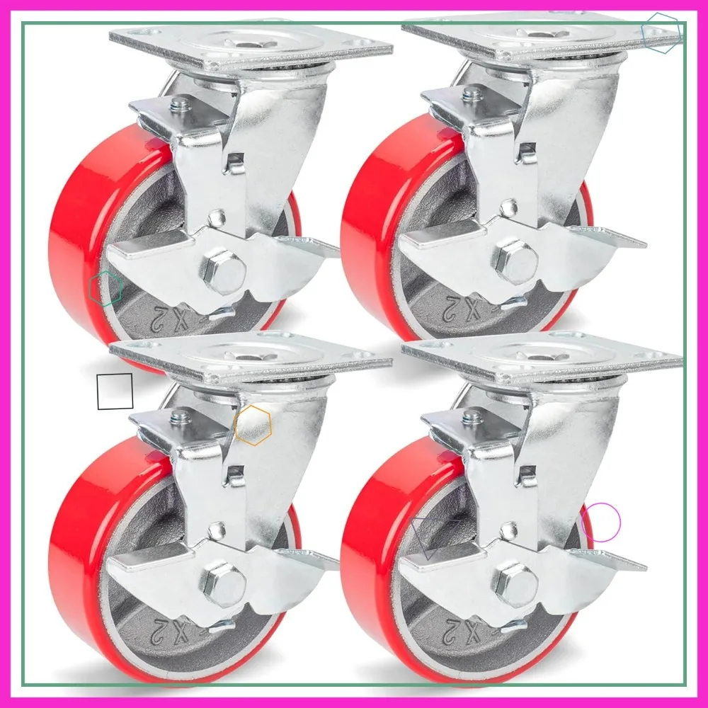 

5 Inch Heavy Duty Casters Set of 4, 4000 Lbs Capacity, No Noise Polyurethane Wheels with Brake for Toolbox Workbench