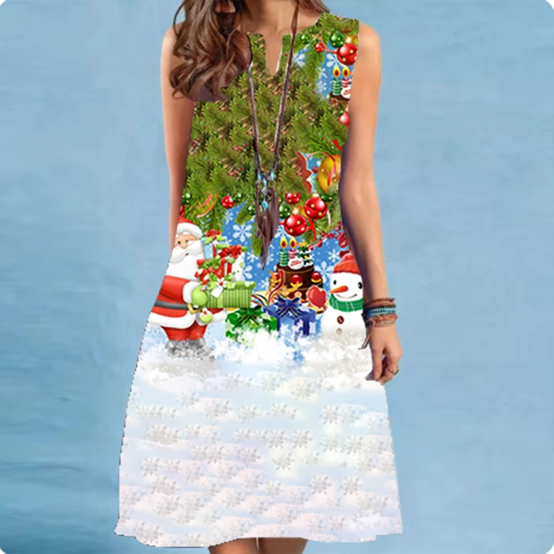 New women's cartoon Christmas printed V-neck sleeveless dress with high-end and elegant party look knee length dress for women