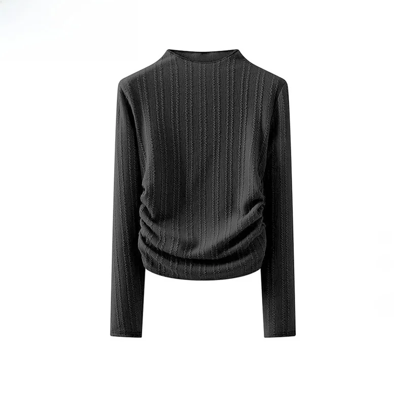 

ZBZR Осенняя новая женская модная футболка с полувысоким воротником и вышивкой в складку, облегающая базовая футболка, топ из полиэфирного волокна, длинный слэ...