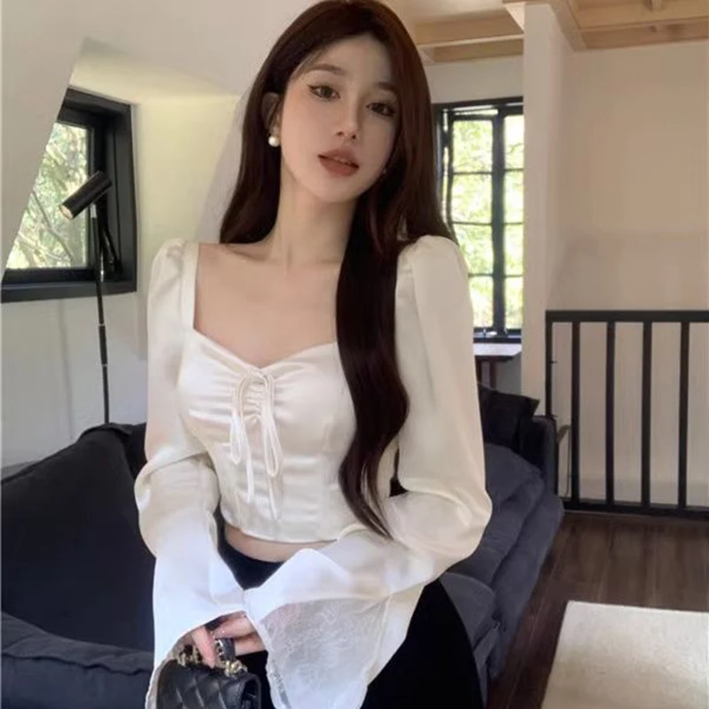 

Elegant Women Shirt Lace Patchwork Flare Sleeve Sexy Slim Thin Top Summer Fashion Sweet High Vintage Kawaii Korean Female Blouse