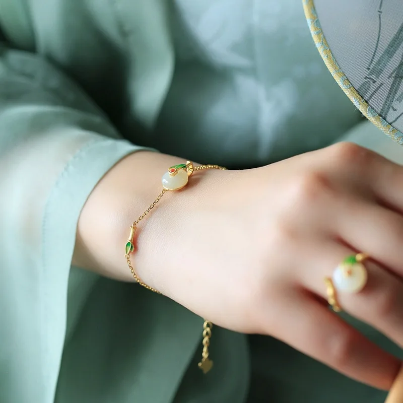 Sam Panda 925 Sterling Silver Chinese Style Retro Hetian Jade Enamel Painting Bracelet For Women Temperament Trendy Jewelry