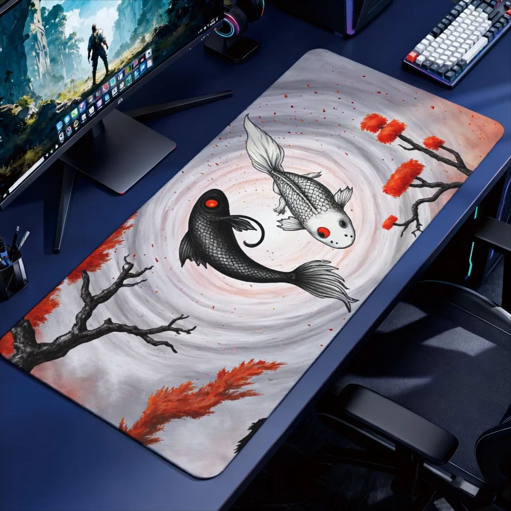 Koi fish design, featuring the Yin-Yang symbol and autumn leaf patterns love and deepspace desk accessories desk mat