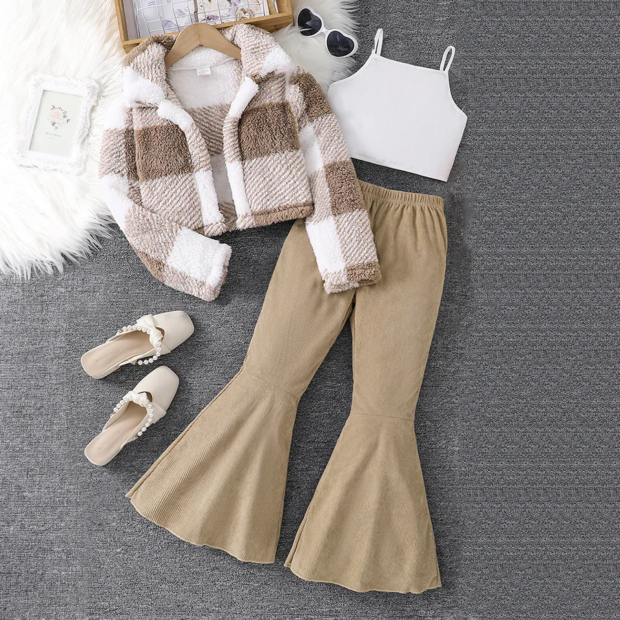 Children's Autumn Girls' Fashion Set 3-piece Fleece Checkered Coat+White Strap Bottom Shirt+Slimming Fishtail Pants