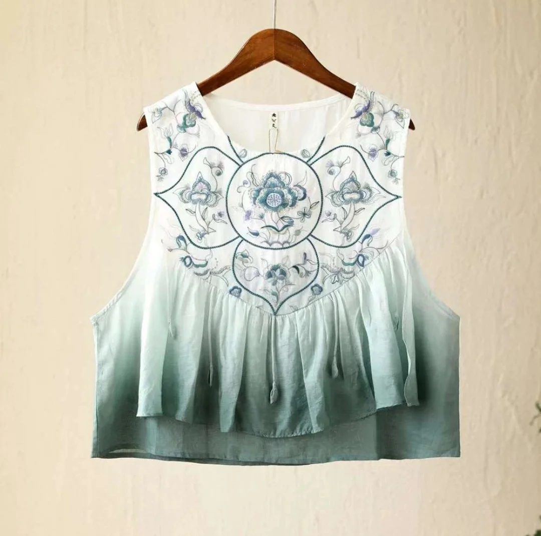 Vintage Women's vest Summer Ink gradient O-Neck ramie original tops flounce embroidery green sleeveless vest High quality