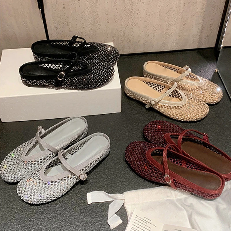 Women 2026 Spring New Rhinestone Hollow Fishnet Single Shoes Single Strap Mary Jane Flats Outdoor Wear Lightweight Comfort New