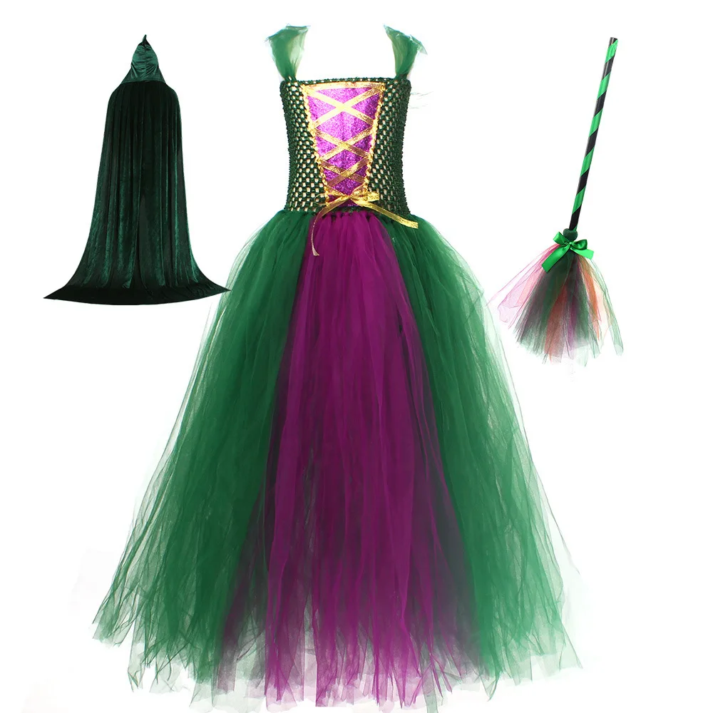 Disfraz de Bruja de Halloween para Niñas THEEPER, Capa y Escoba Opcionales, Vestido de Tul para Niñas para Disfraz de Halloween, Fiesta Temática de Cosplay