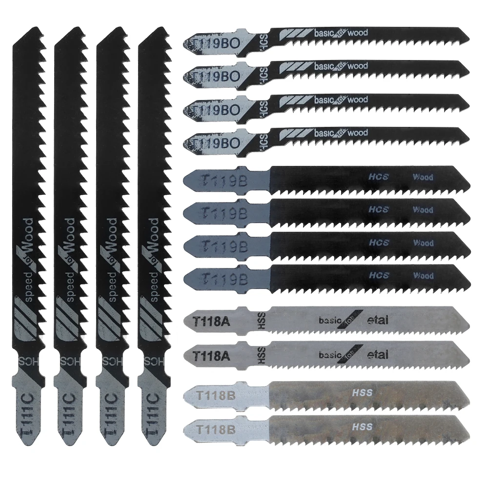 16PCS/Set T Shank Blades Jigsaw Blade Set Clean Fast Cut Down Cut Blades Wood Metal Cutting Power Tool HCS/HSS with Plastic Box