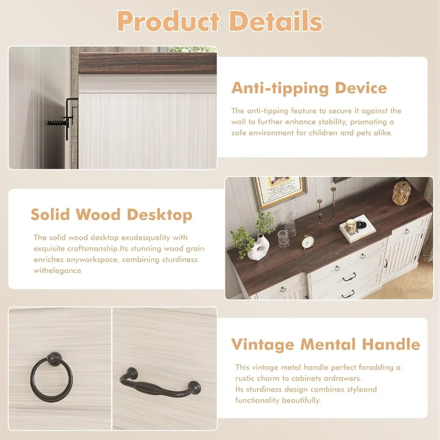 خزانة بوفيه مع مساحة تخزين مقاس 58 بوصة، بوفيه جانبي كبير مع 5 أدراج وبابين، أرفف قابلة للتعديل، قهوة خشبية للمزرعة