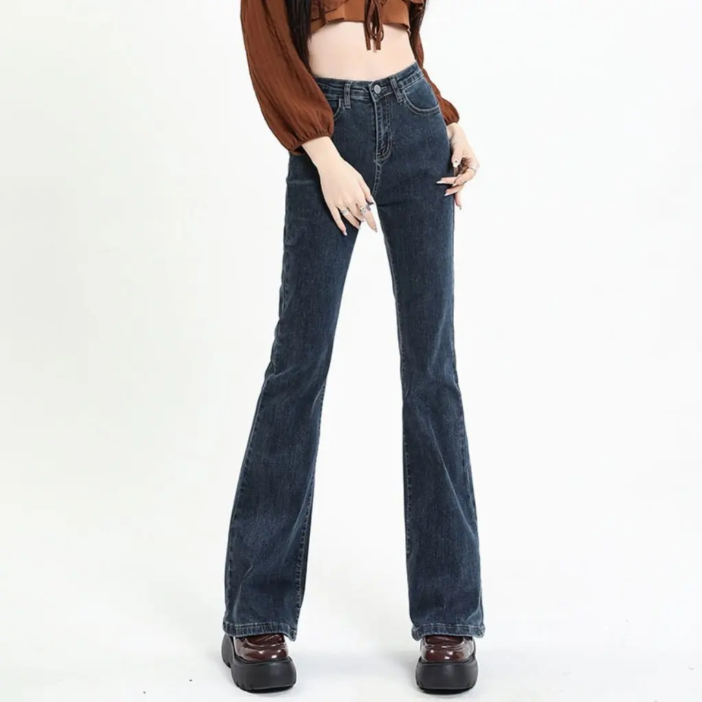 Niebiesko-szare jeansy damskie z wysokim stanem, dopasowane, modne spodnie typu rybaczki na wiosnę i jesień, wyszczuplające.