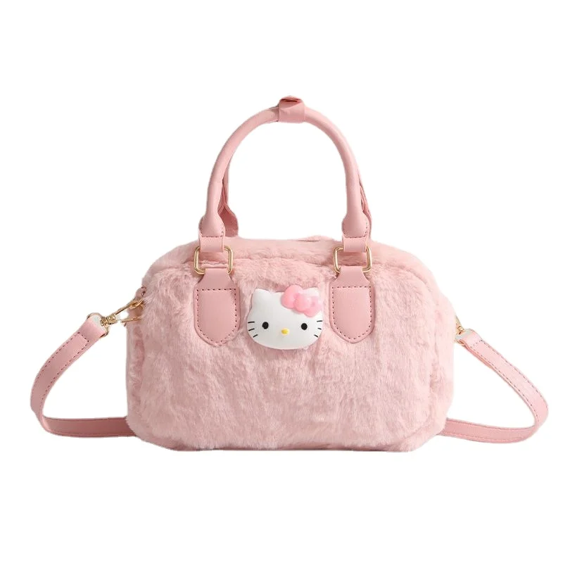 

MINISO Plush Hello Kitty Handbag for Women Fashion Trend Luxury Brand Designer Pink Crossbody Bag with Zipper Shoulder Strap