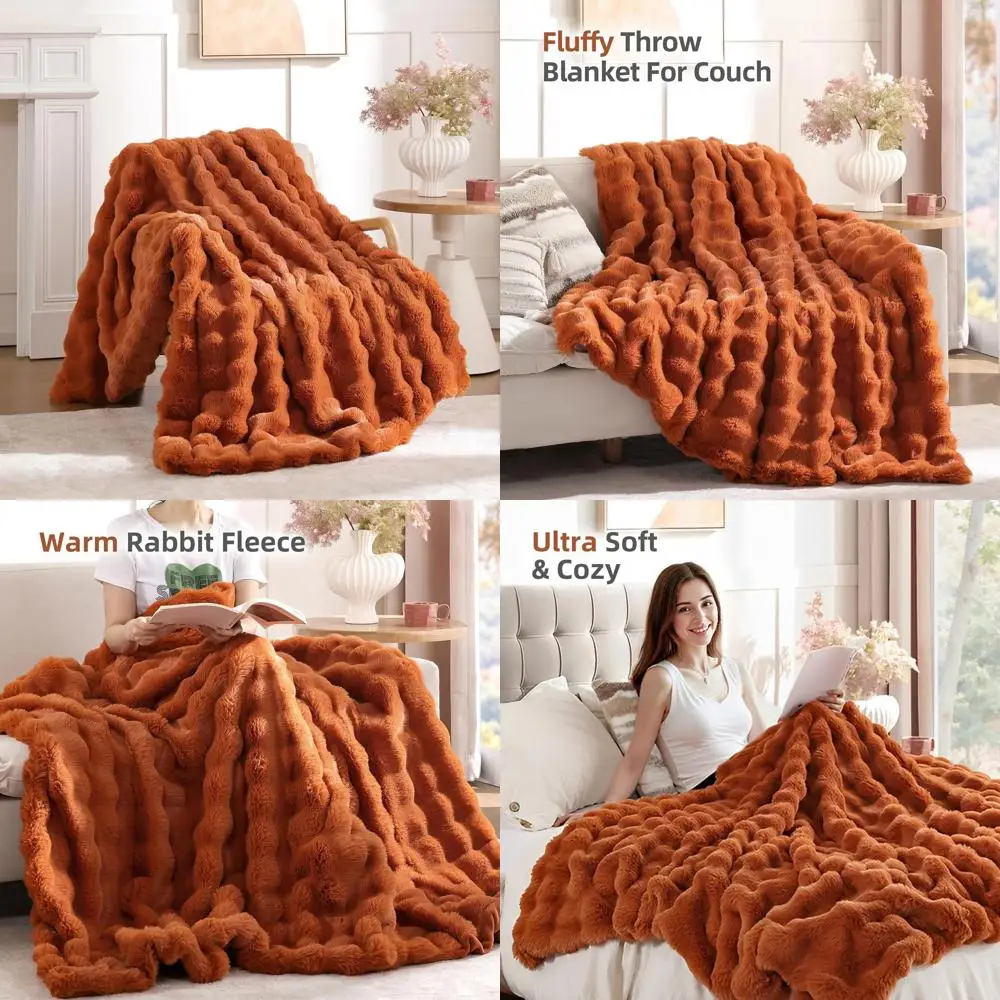 

Fluffy Orange Cozy Rabbit Fleece Throw Blanket, 60 x 80, Perfect for Sofa & Bed, Ideal Warm Decor for Home