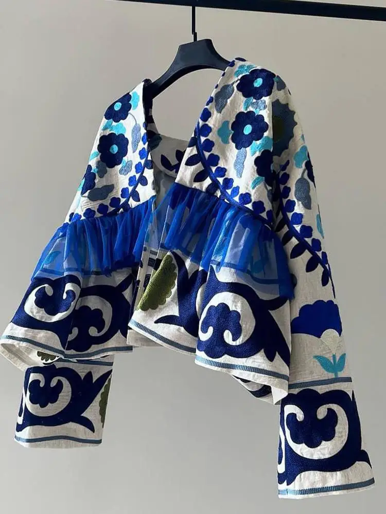 Cárdigan Abierto Bordado Azul para Mujer, Estilo Primaveral, E, Informal, Hoado, de Manga Larga, Ideal para las Fiestas
