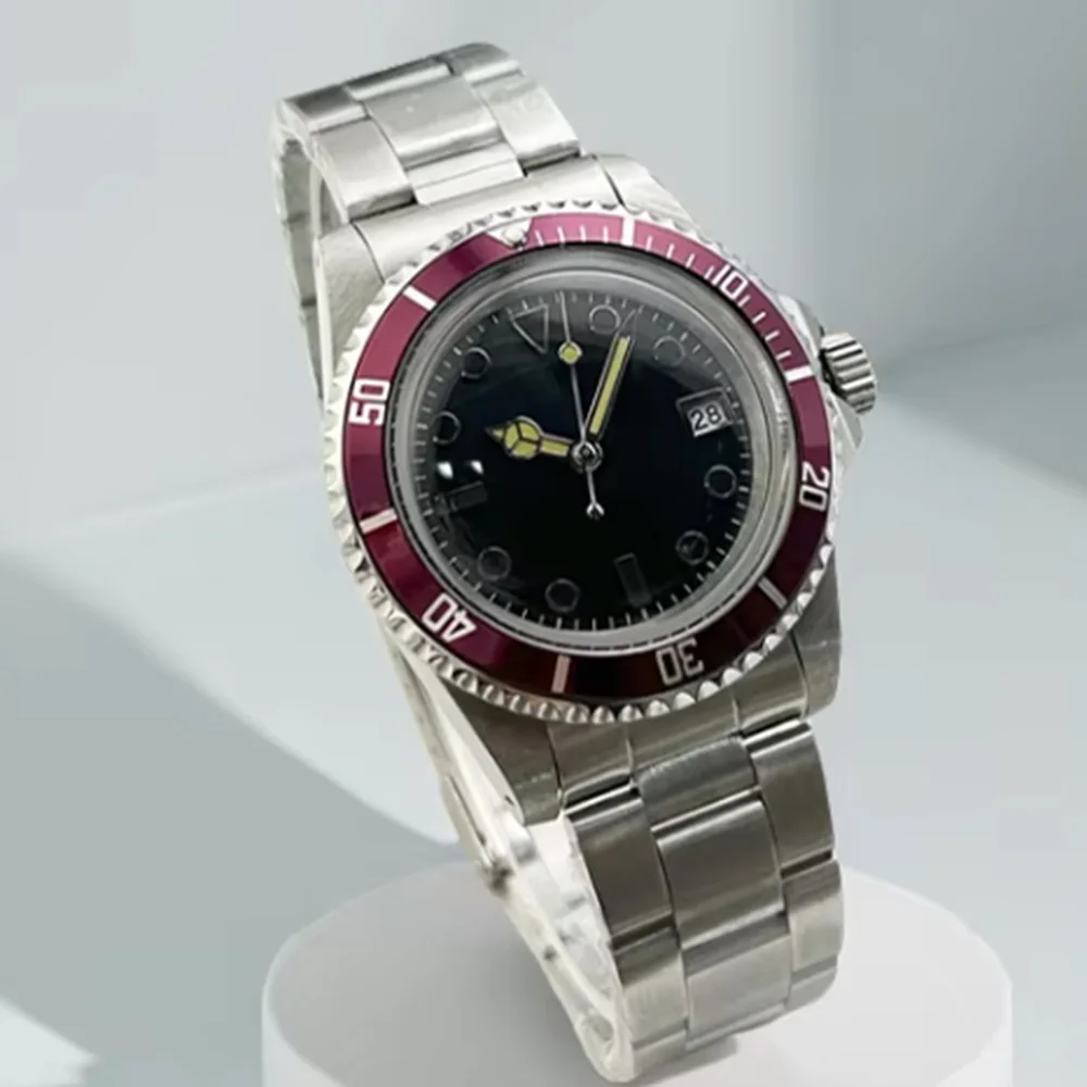39mm Retro Round Glass Case, Black Dial, 28.5mm Stainless Steel, Silver Case, Made in China, 35 Mechanical Movement, Rotating