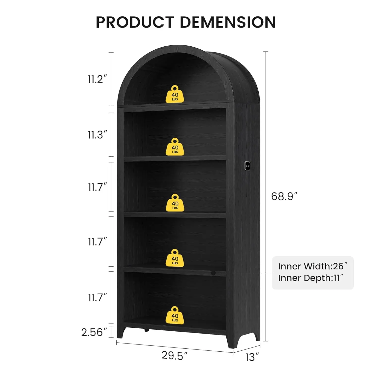 Arched Bookshelf 5-Tier LED Light Black Wood Frame for Books Collectibles Living Room Bathroom, Customized