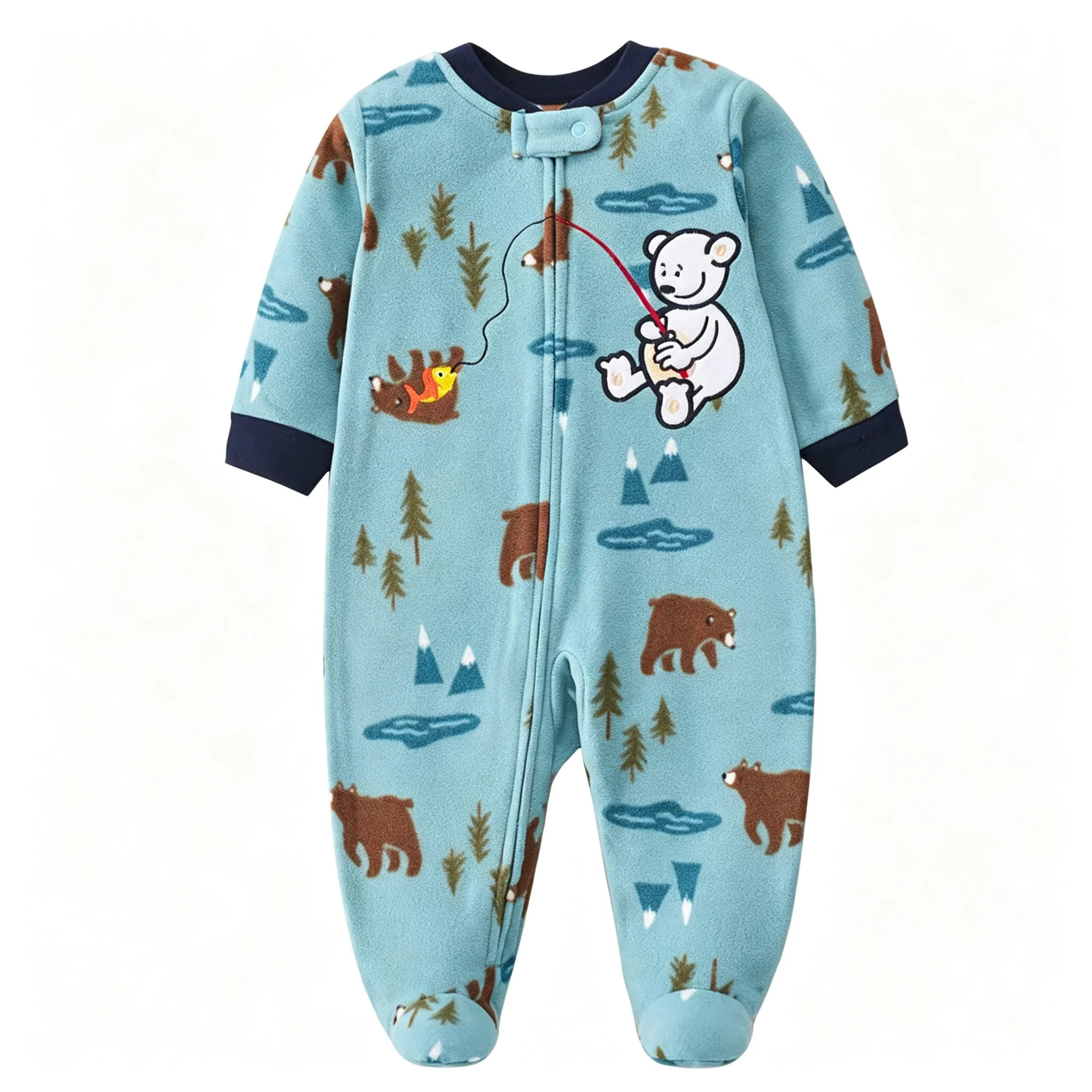 Infant Zip Up Polar Fleece Footed Bodysuit, Cute Cartoon Bear Baby Footie Romper, Warm Fall Winter Baby Clothes