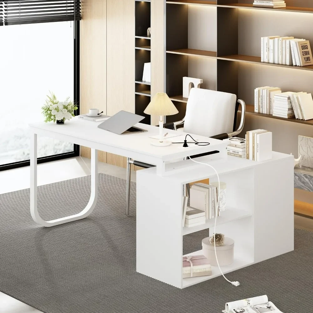 Home Office Computer Desk Corner Table with Power Socket, 3 Drawers, 55 Inch Large L-Shaped Study Desk with Locker Warm White