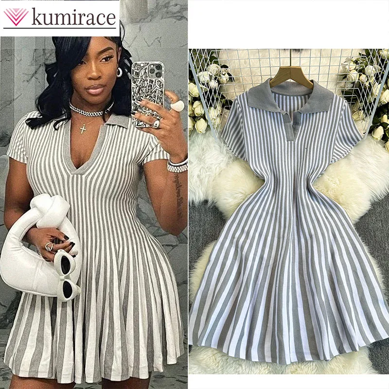 

Color Blocking Retro Lapel Short Sleeved Striped Knitted Dress with Women's Waist Cinching Temperament A-line Short Skirt Dress