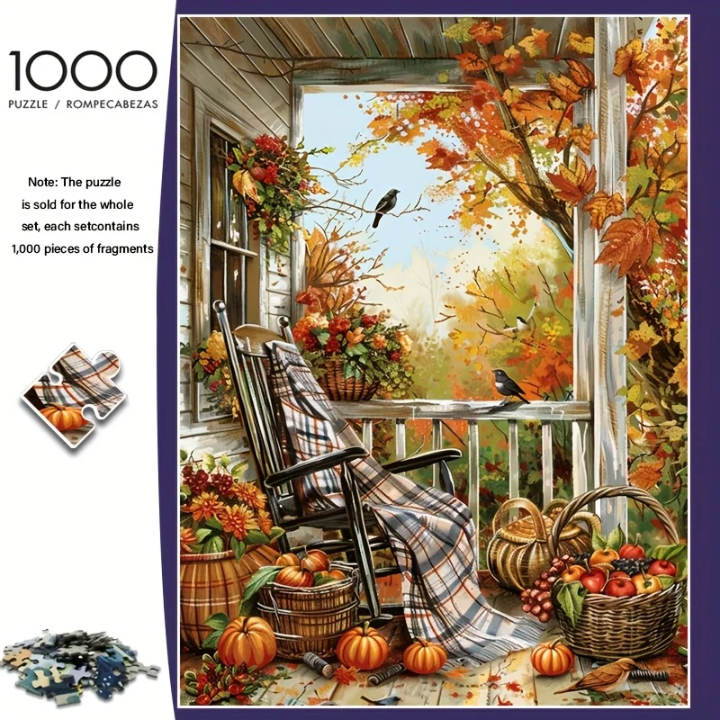 

1000 шт. Пазл на осеннее крыльцо — яркая осенняя сцена с тыквой, цветами и птицами, 70,0x50,01 см, прочная толстая бумага, идеально подходит для