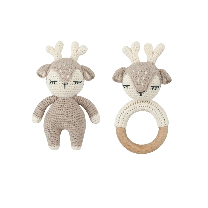 2 Pcs Crochet Animal Baby Rattle Bell Handhold Teething Toy Teething Pains Relief Knitted Deer Dolls for Infant Baby Sleep Toy