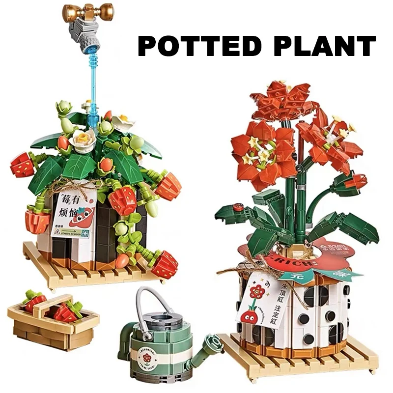 

Creative Strawberry Succulent Blossom Potted Lily Plant Bonsai Building Blocks Mini Flower Brick Home Decor Toys Kids Girl Gifts