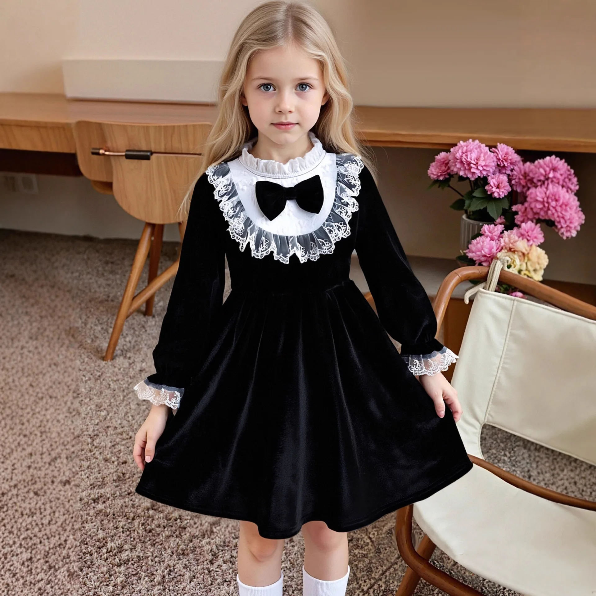 Elegant dress for girls featuring lace stand collar and exquisite lace patchwork design with a three-dimensional butterfly dress