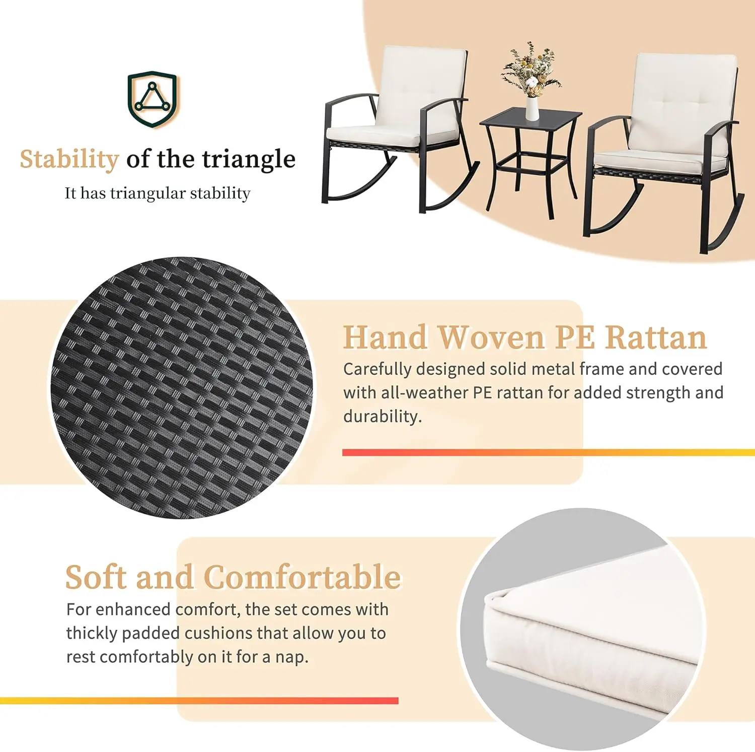 3 Pieces Patio Set Outdoor Wicker Patio Furniture Sets Modern Rocking Bistro Set Rattan Chair Conversation Sets with Coffee