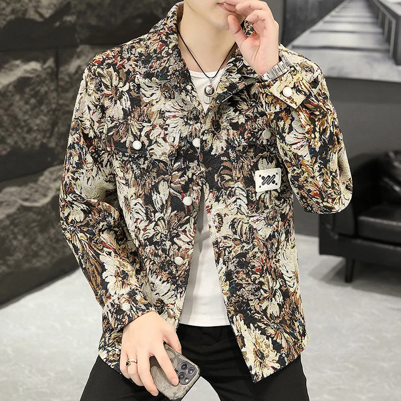 Autumn Men\'s Lapel New High Street Print Jacket trend all-match Coat Streetwear Spring Men Fashion jacket