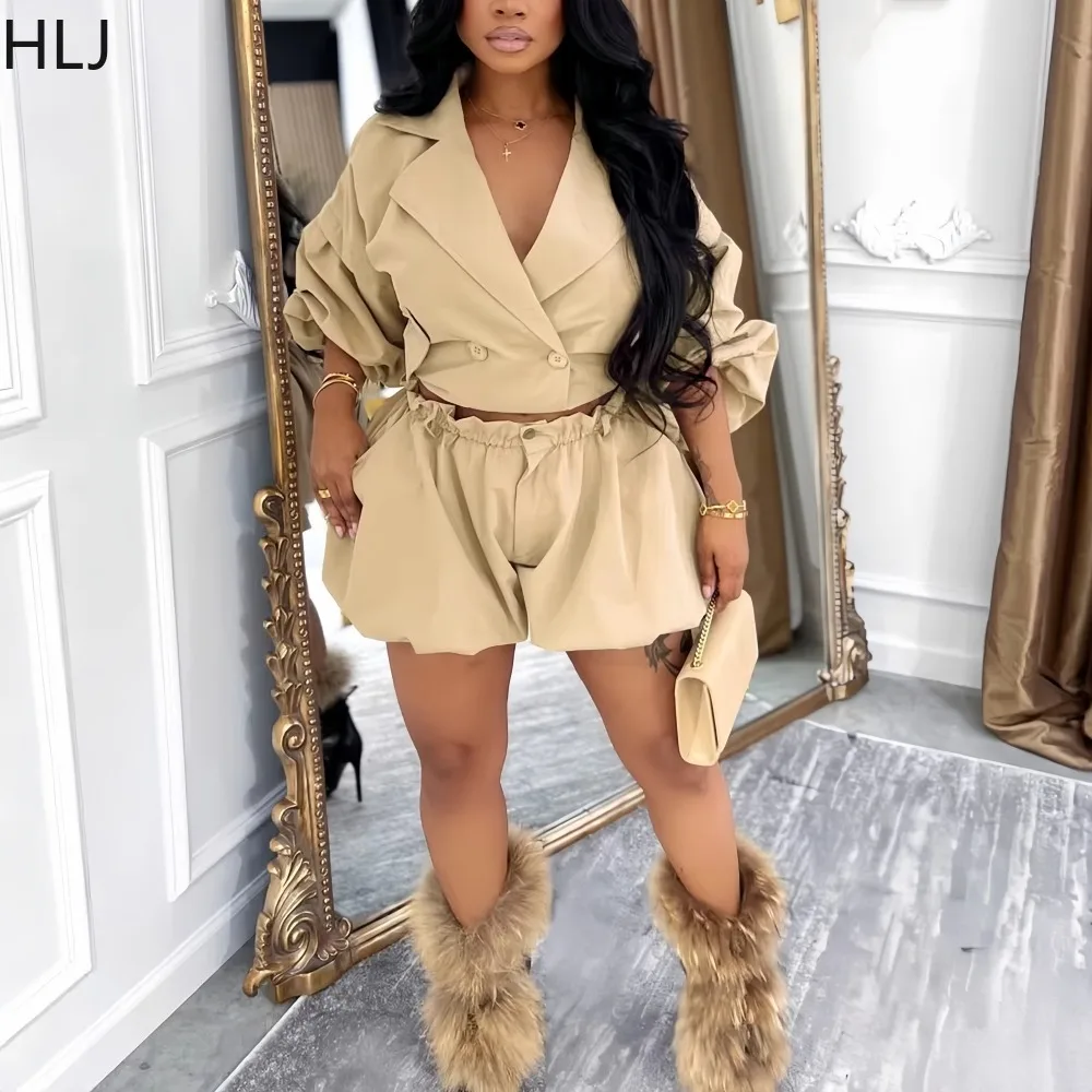 

HLJ Casual Solid Color Two Piece Outfits Woman Lantern Sleeve Deep V-neck Crop Top + Bubble Puff Shorts Suit Female Streetwear