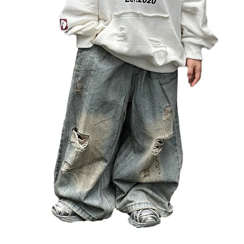 

2026 Spring Autumn Boys Trendy Ripped Jeans Korean Style Fashion Denim Pants Small Medium Kids Clothing