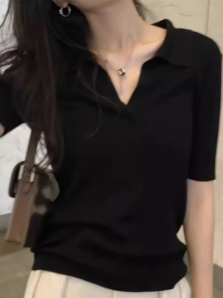 Black polo collar short-sleeved T-shirt women\'s thin summer lapel ice silk knitwear design feel top