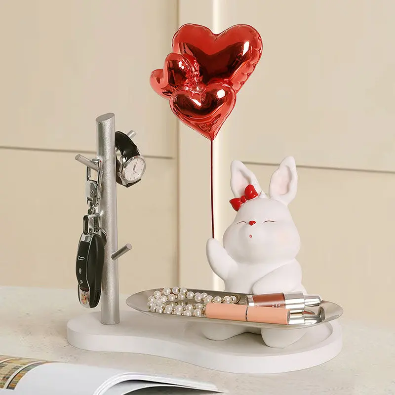 Kawaii Rabbit Sculpture Desktop Jewelry Tray Storage Cute Cartoon Statue Resin Model Living Room Ornament Room Decor Girl Gift