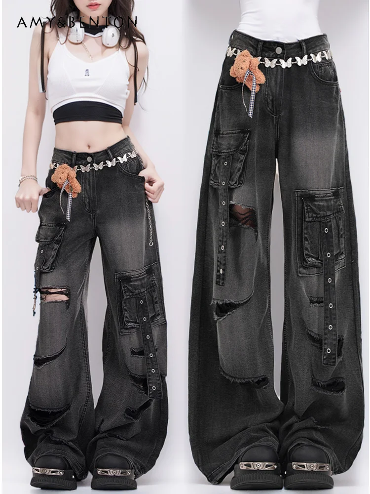 

Y2k Subculture Tooling Ripped Women's Jeans Summer Design High-waisted Slim-fit Wide-leg 4XL Black Jeans