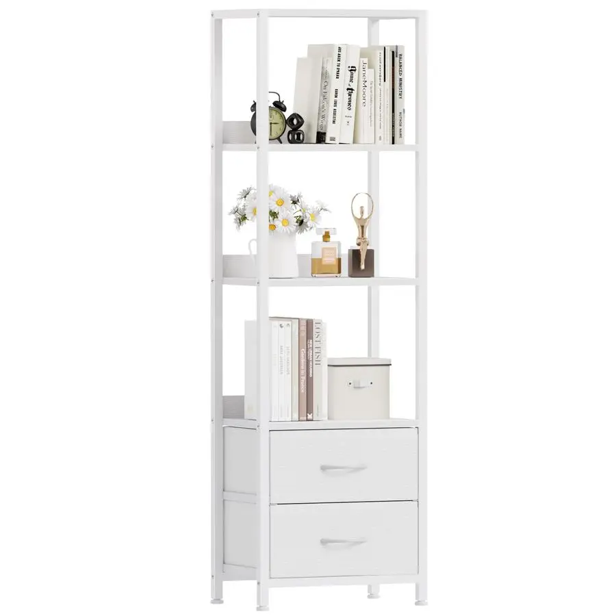

4Tier Corner Shelf, Bookshelf with 2 Storage Drawers, 57.28Tall Narrow Bookcase, Standing Shelf Organizer Unit for Living Room,