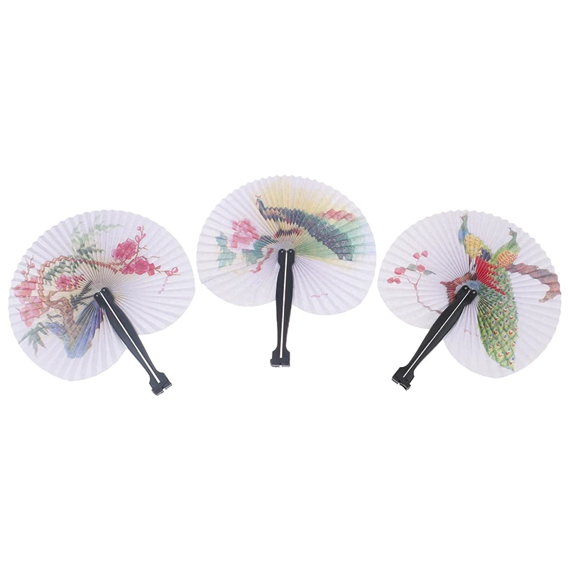 Classical Cherry Blossom Print Folding Hand Fans Flower Print Vintage Fan White Polyester Fans Summer Chirdren Girls Dancing Fan