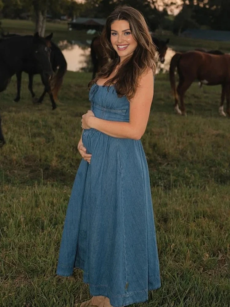 maternity-denim-spaghetti-strap-photo-dress-vintage-casual-pregnancy-shoot-outfit-square-neck-waist-dress-baby-shower-gown