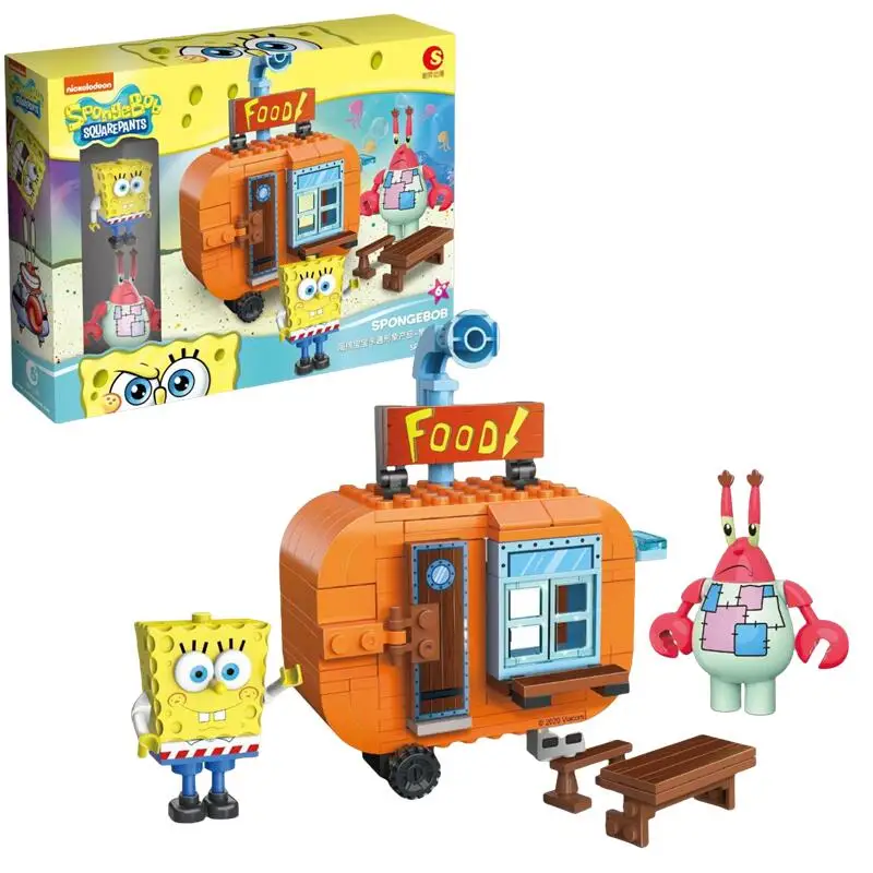 Original SpongeBob SquarePants Crab Burger Base Ship Restaurant Assemble Building Blocks Biqibao Adventure  Kids Gift Toys