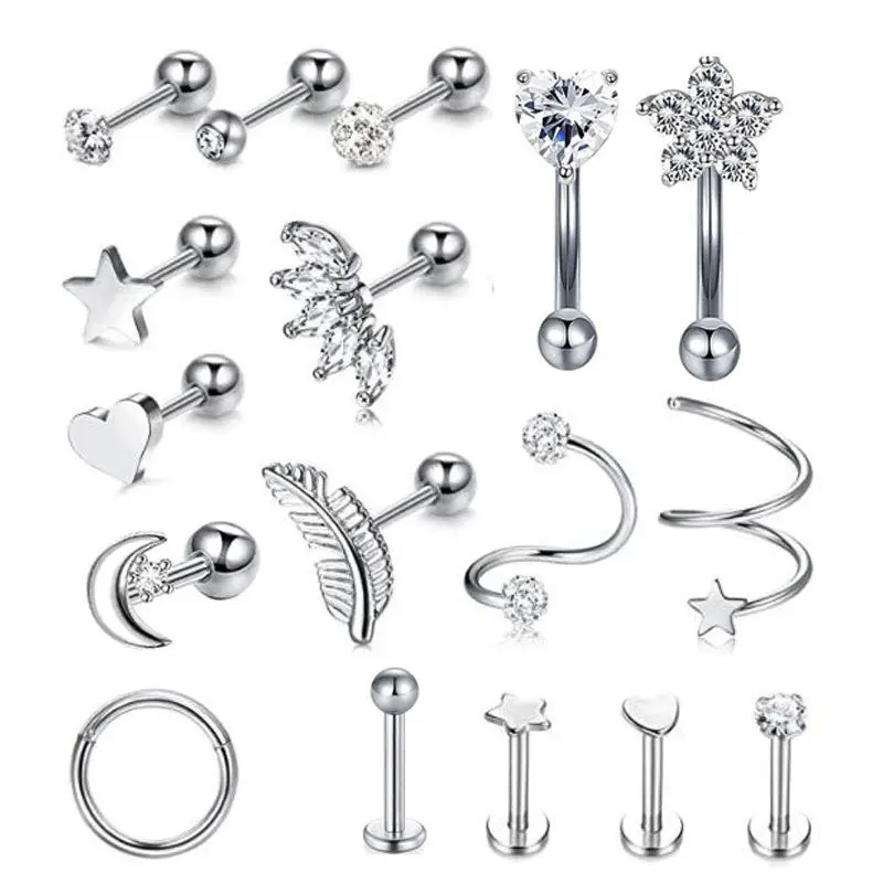Fashion Crystal Zircon Cartilage Piercing Earrings Set Women Stainless Steel Spiral Tragus Stud Earring Body Jewelry
