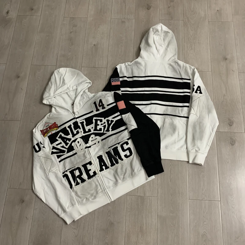 2026 New VALLEY Black White Contrast Oversized Hooded Zip Jacket Vintage Striped Patch Letter College Sweatshirt Hoodies