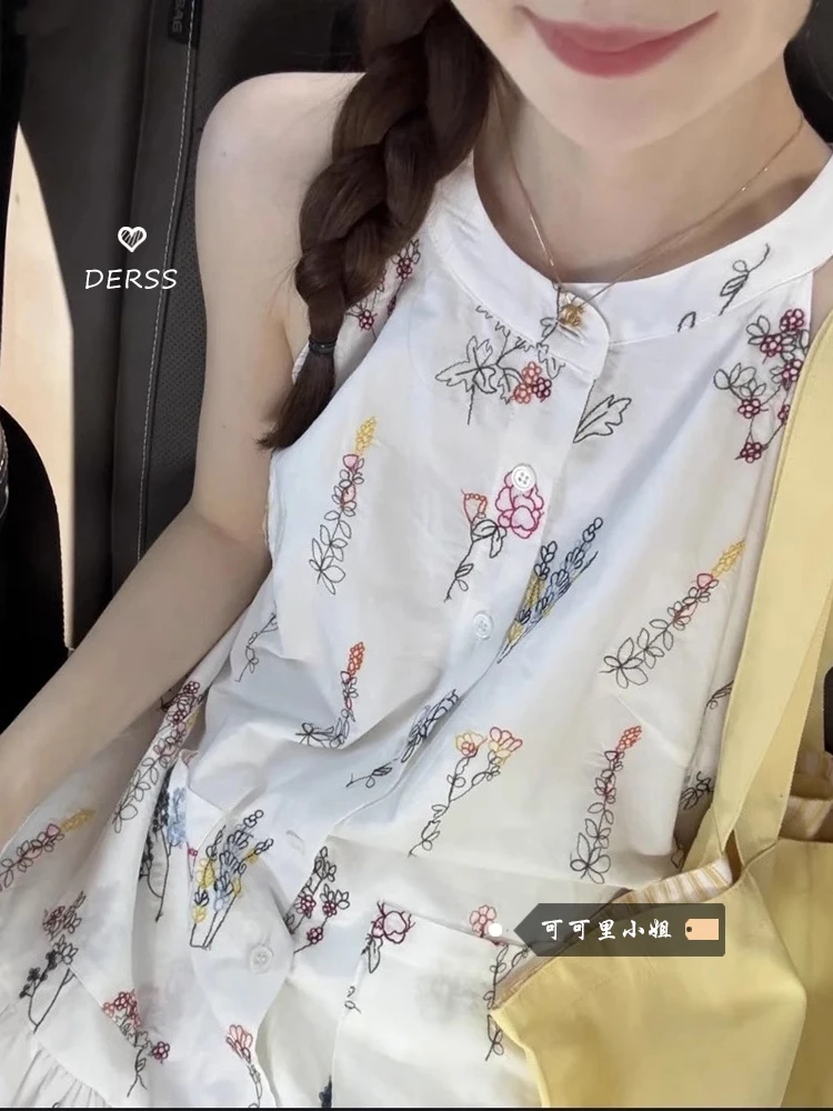 

French fashion floral sleeveless dress Ladies summer print loose beach holiday style A-line skirt