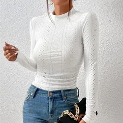 2023 Women's Autumn New Fashion Elegant Comfortable Versatile Bottom Shirt Half High Collar Eyelet Long Sleeve Slim Fit T-shirt